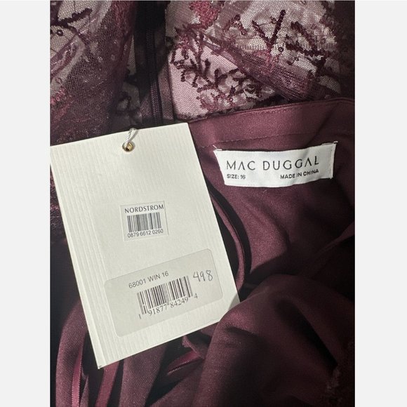 NWT $498 Mac Duggal [ 16 ] Lace Embellished Long‎ Sleeve Ruffle Dress Wine Red - Picture 14 of 15